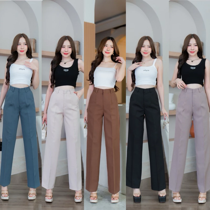 กางเกงทรงขากระบอกกลางเอวสูงตะขอหน้า [AL] ผ้าไมโคร รุ่นเบสิก (S-3XL)