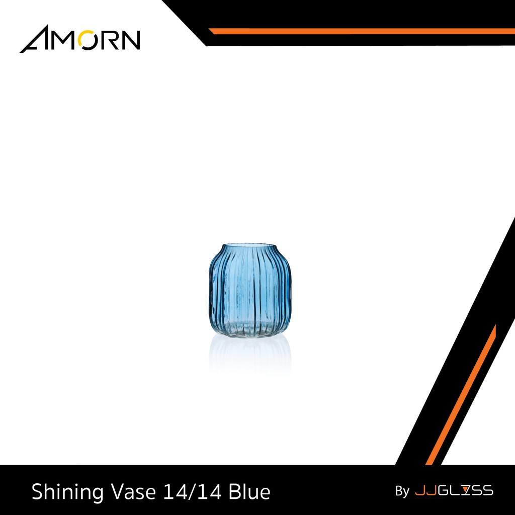 JJGLASS - ( AMORN ) Shining Vase 14/14 Blue - แจกันแก้ว แจกันดอกไม้ แจกันสีชา ทรงเตี้ย รูปทรงดีไซน์ทันสมัย ตกแต่งบ้าน