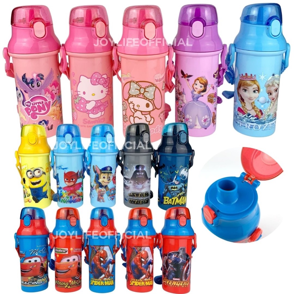 กระติกน้ำยกดื่มลายการ์ตูน 480ml. มีสายสะพาย ฝาเด้ง ขวดน้ำ กระบอกน้ำ BPA Free Water Bottle