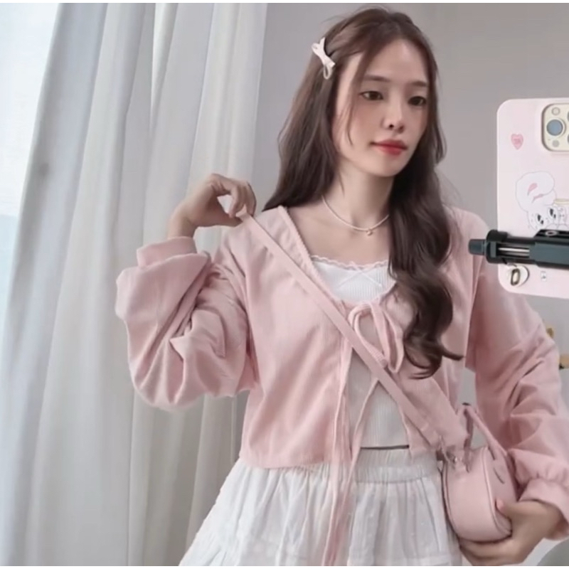 (ปล่อยต่อ) เสื้อคลุมแขนพองผูกโบว์ สีชมพู | Rika.shopp