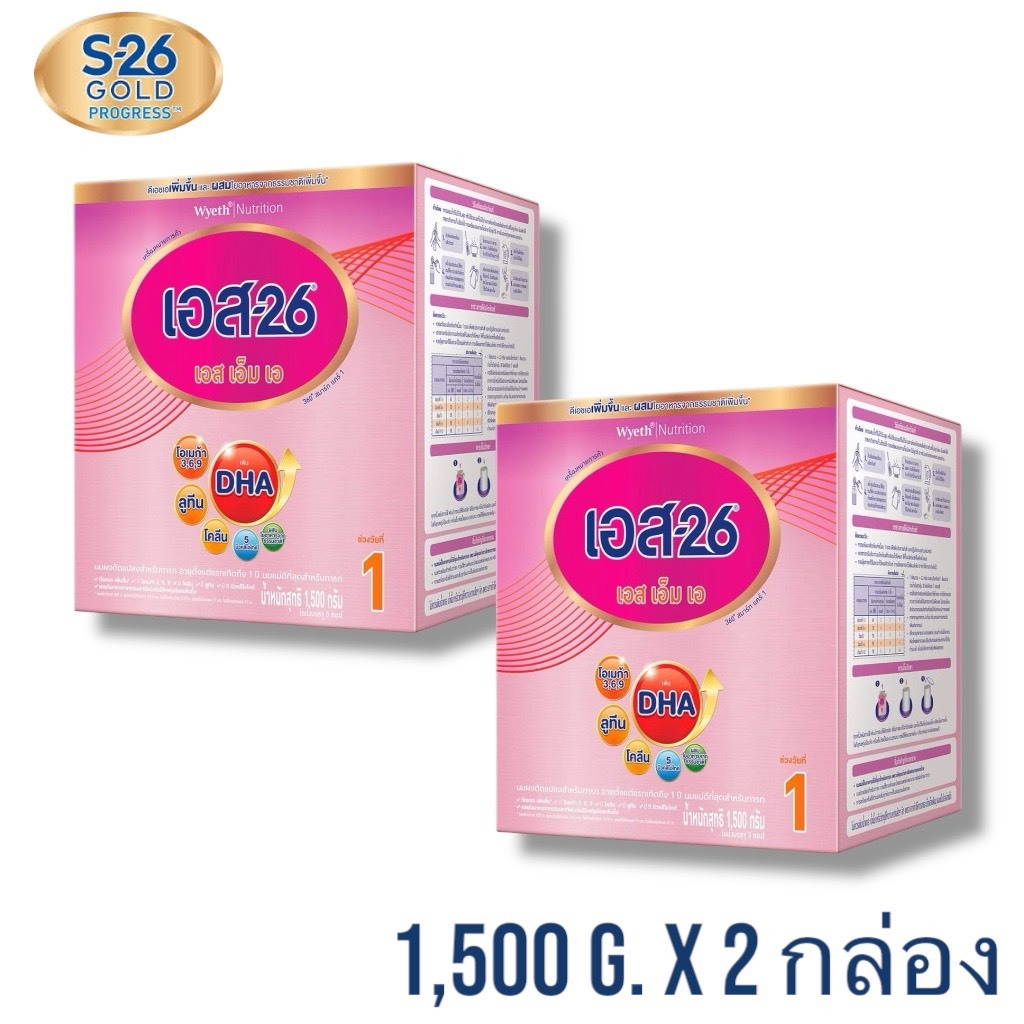 S-26 SMA นมผง เอส-26 เอส เอ็ม เอ สูตร 1 1500 กรัม นมผงสำหรับทารกแรกเกิด-1ปี  2กล่อง