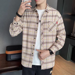 เสื้อเชิ้ตแขนสั้นลําลอง ทรงหลวม ลายสก๊อต แฟชั่นฤดูร้อน สไตล์ฮ่องกง สําหรับผู้ชาย