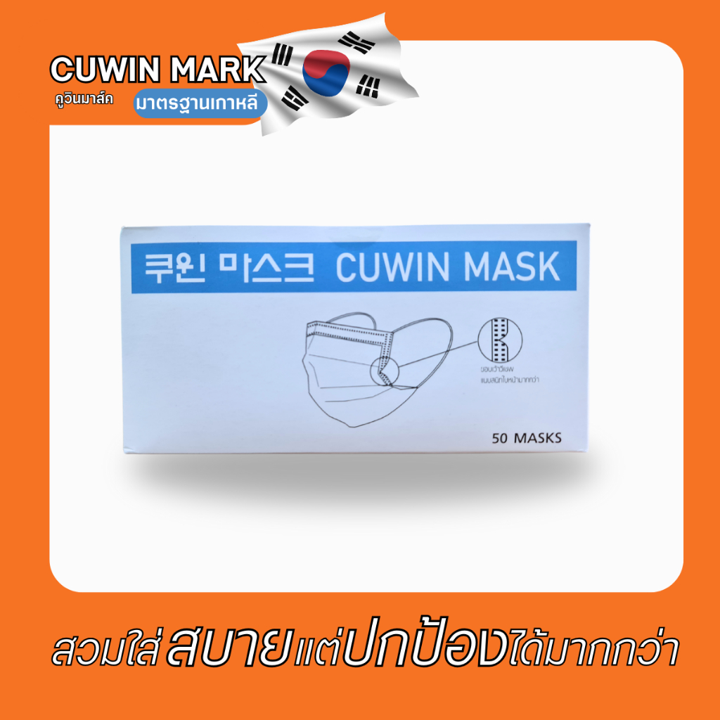 หน้ากากอนามัยทางการแพทย์ 3 ชั้น Cuwin Mark 1 กล่อง 50 ชิ้น