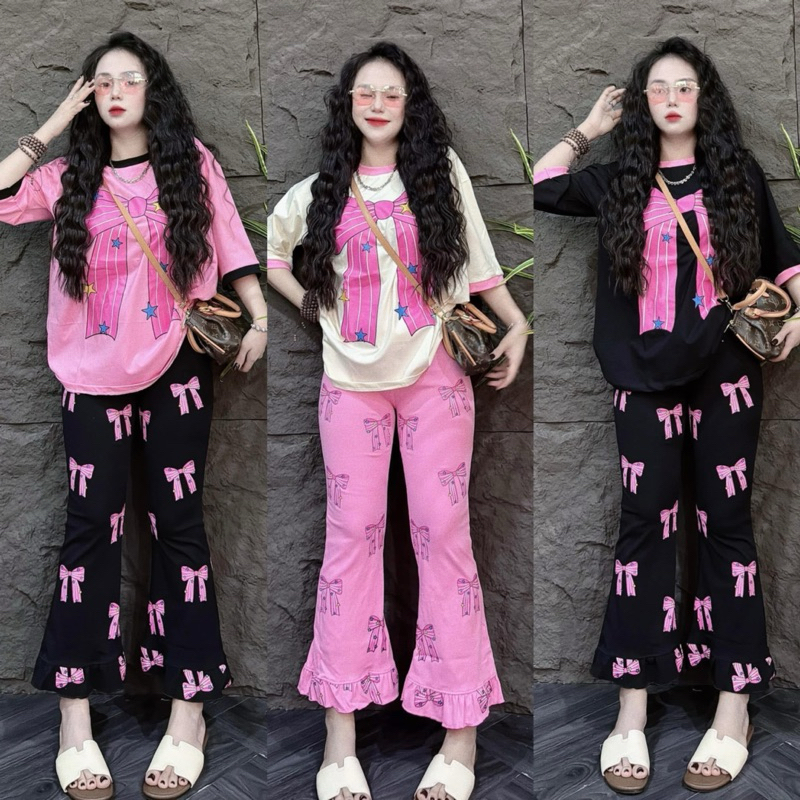 set 2 ชิ้น ผู้หญิง ลายโบว์ใหญ่ เเขนสั้น กางเกงขายาว (ขาม้าเเต่งระบาย)