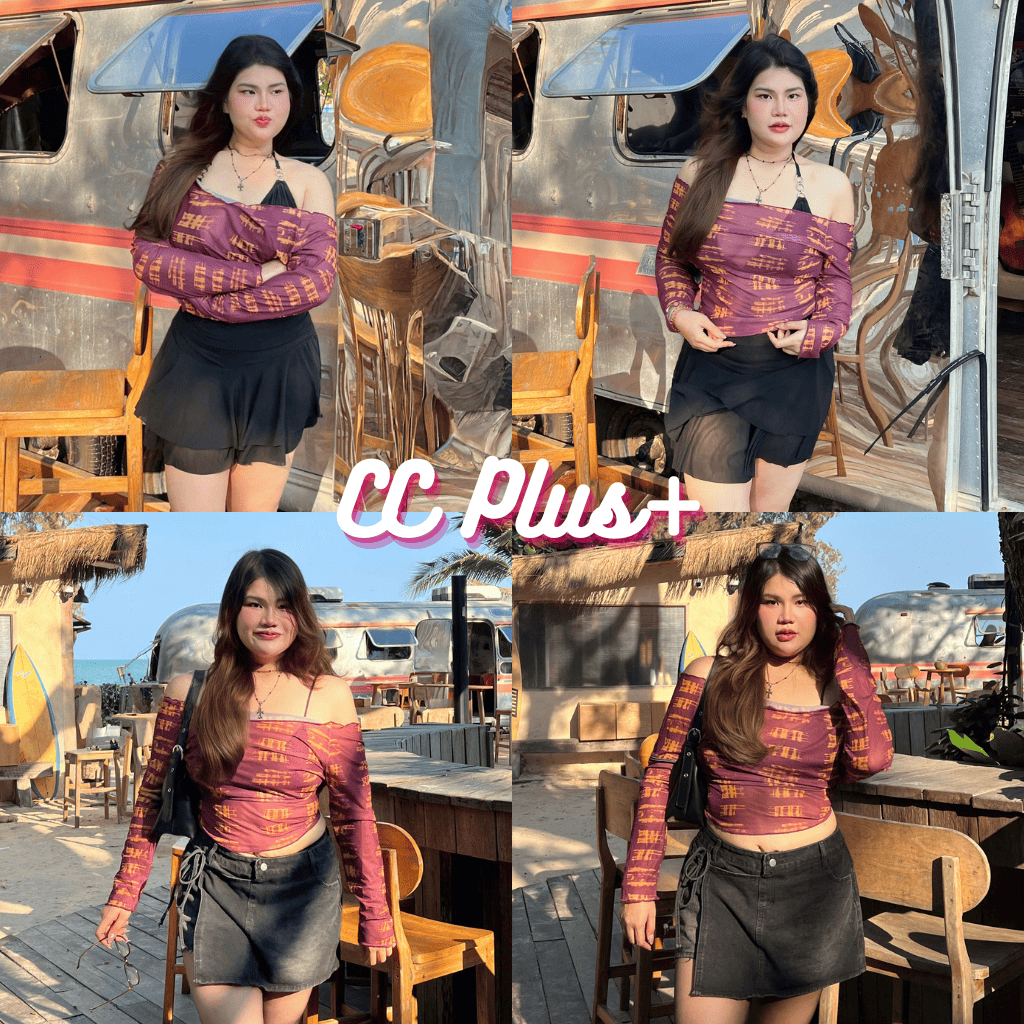 CiCi Plus+(J2001) เสื้อซีทรูปาดไหล่แขนยาวพิมพ์ลาย วินเทจเหมาะสำหรับสาวพลัสไซส์แบบเท่ห์ๆ