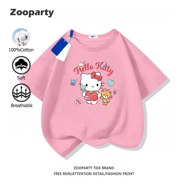 Sanrio Kitty เสื้อยืดเด็ก ผ้าฝ้ายแท้ เสื้อคอกลม น่ารัก แฟชั่น สาว เสื้อผ้านักเรียน อายุ 3-15 ปี เด็ก แขนสั้น พร้อมส่ง