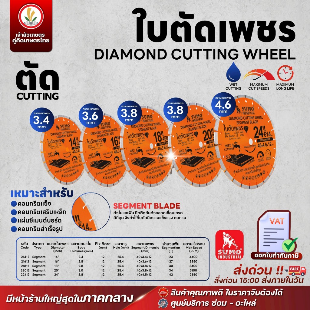 ใบตัดเพชร Sumo ขนาด 14, 16, 18, 20, 24 นิ้ว หนา 3.4 , 3.6 , 3.8 , 4.6 มม. ใบตัดคอนกรีต ผ่าร่อง ตัดถนน ทนใช้ได้นาน