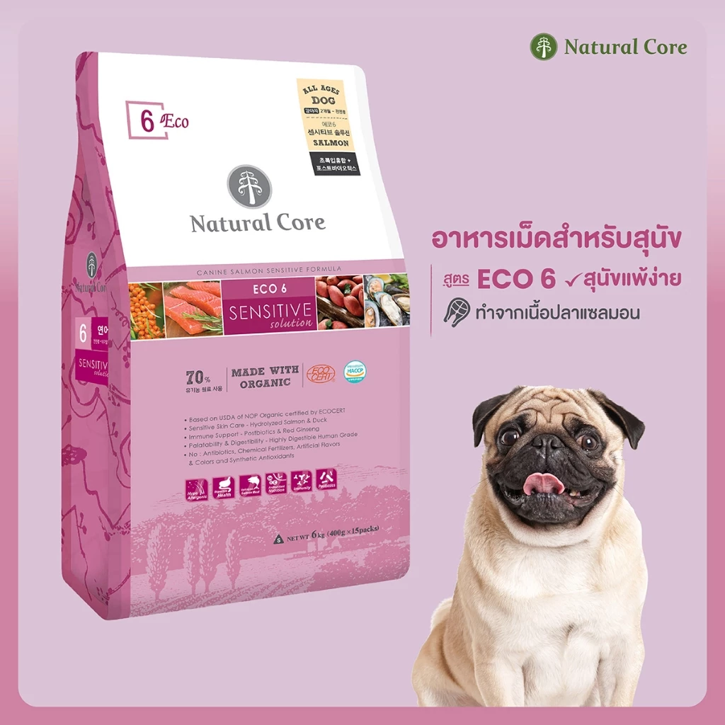 Natural Core Eco 6 Sensitive Salmon อาหารเม็ดสำหรับสุนัข สูตรเนื้อปลาแซลมอนและเนื้อเป็ดไฮโดรไลซ์