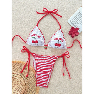 พร้อมส่ง🇹🇭 ชุดว่ายน้ำผู้หญิง บิกินี่ ทูพีช ลายเชอรี่ แต่งจี้…