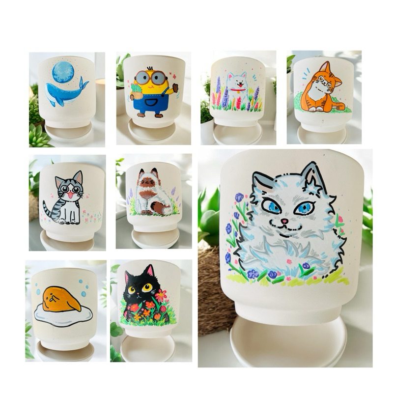 กระถางดินเผา 6 นิ้ว เพ้นท์ลายน่ารัก พร้อมจานรอง