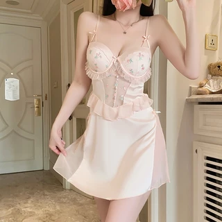 BKK SEXY ชุดนอนกระโปรง ชุดนอนซาตินผู้หญิง ชุดนอนมีฟองน้ำในตัว 🥘 มีไซต์ M-5XL นน 40-100 Kg ลายกุหลาบ หรูหรามาก B-452
