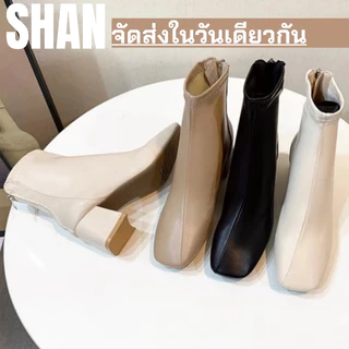 🚚พร้อมส่งจากไทย-PU Short Boot รองเท้าหนังแฟชั่นรองเท้าส้นสูงสำหรับผู้หญิง