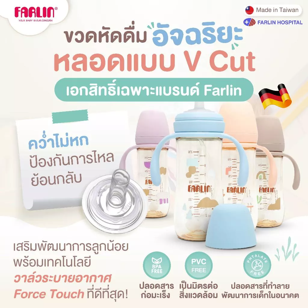 ขวดหัดดื่มอัจฉริยะ หลอด V Cut(คว่ำไม่หก) เอกสิทธิ์ Farlin นิ่มพิเศษดูดได้ 360° ขวดPPSU(เกรดเยอรมัน)
