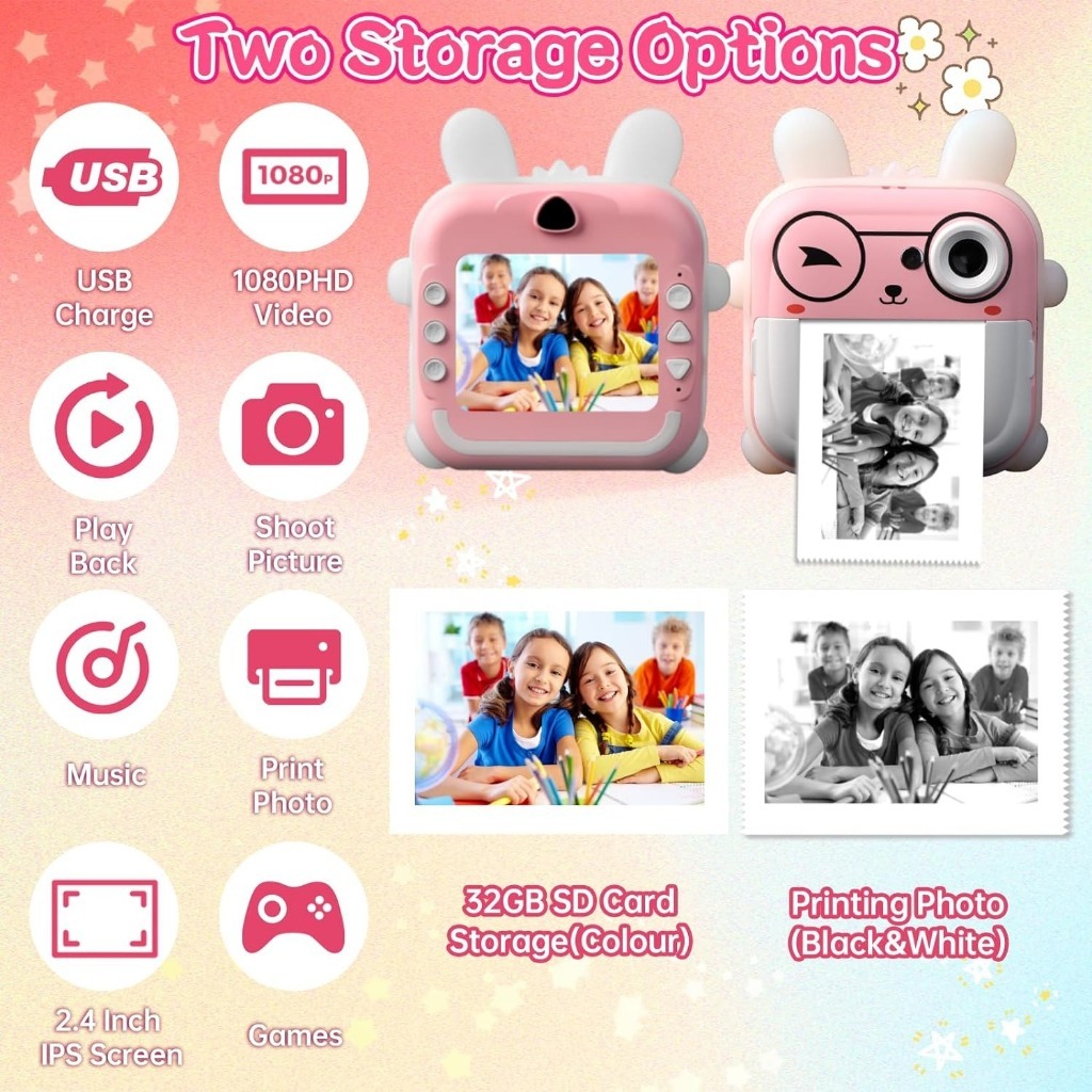 กล ้ องเด ็ กพิมพ ์ ทันทีกล ้ องดิจิตอล 1080P ปริ้นได้ทันที ความจำ Micro SD Card  ของขวัญสําหรับเด็กชายและเด็กหญิง