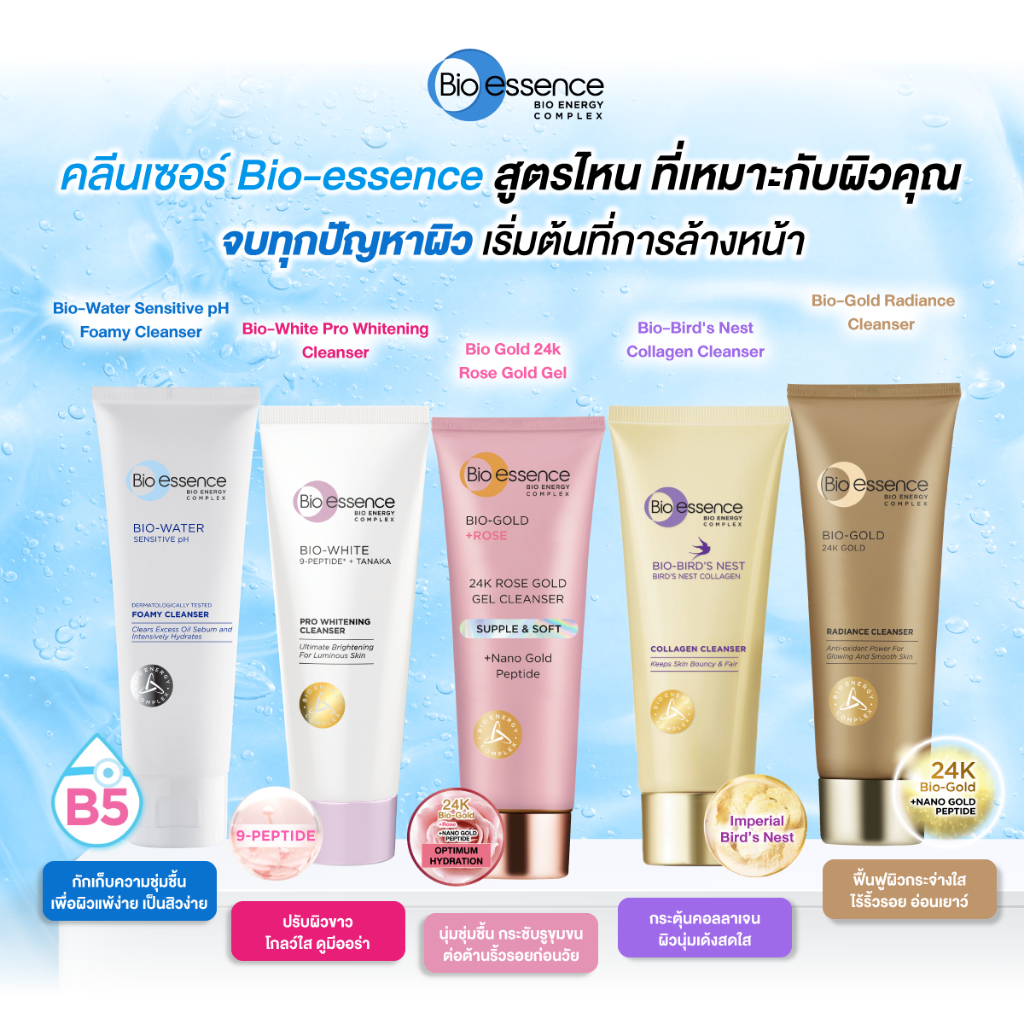 เซตรวม 5 ชิ้น คลีนเซอร์ สยบทุกปัญหาผิว ใช้ดีทุกสูตร Bio-essence Cleanser 100g [Water,White,RoseGold,
