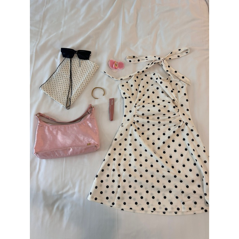 polka dress💌🍒🍵🍓🎀(พร้อมส่ง)เดรสผูกคอลายจุดสุดน่ารักทรงเข้าเอว+ดีเทลผูกโบว์ข้างหลังคอสวยระหงส์❌Final sale ไม่เติมของละค่า❌