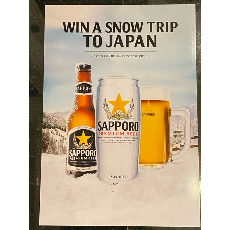 โปสเตอร์เบียร์ SAPPORO WIN A SNOW TRIP TO JAPAN 🇯🇵 ญี่ปุ่นแท้ 29x20cm.