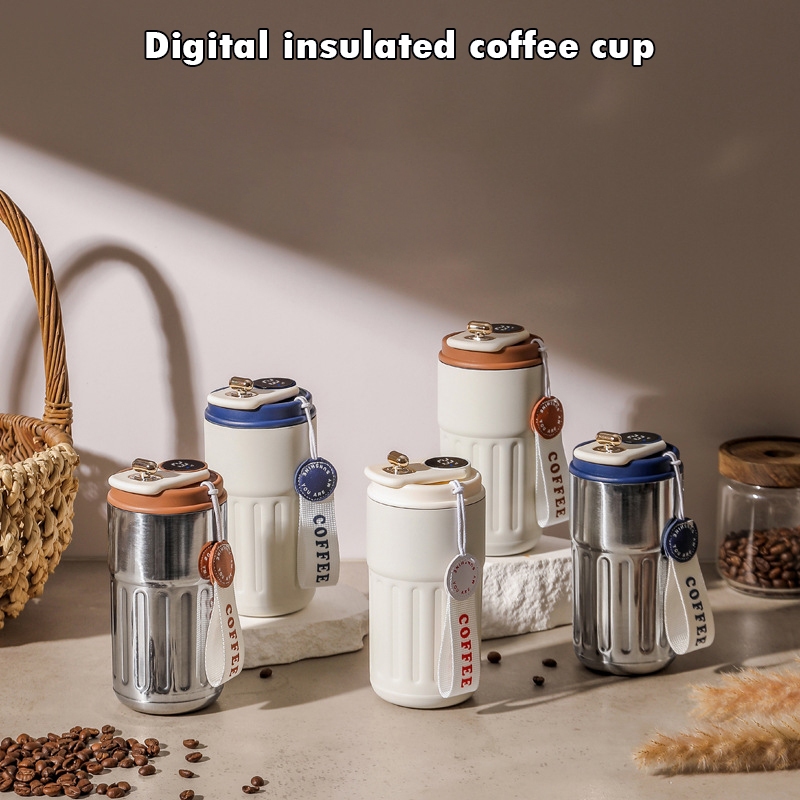 แสดงอุณหภูมิ แก้วกาแฟ 450ml อุณหภูมิ LED แสดงอุณหภูมิ สแตนเลส แก้วเก็บความเย็น แบบพกพา T01246