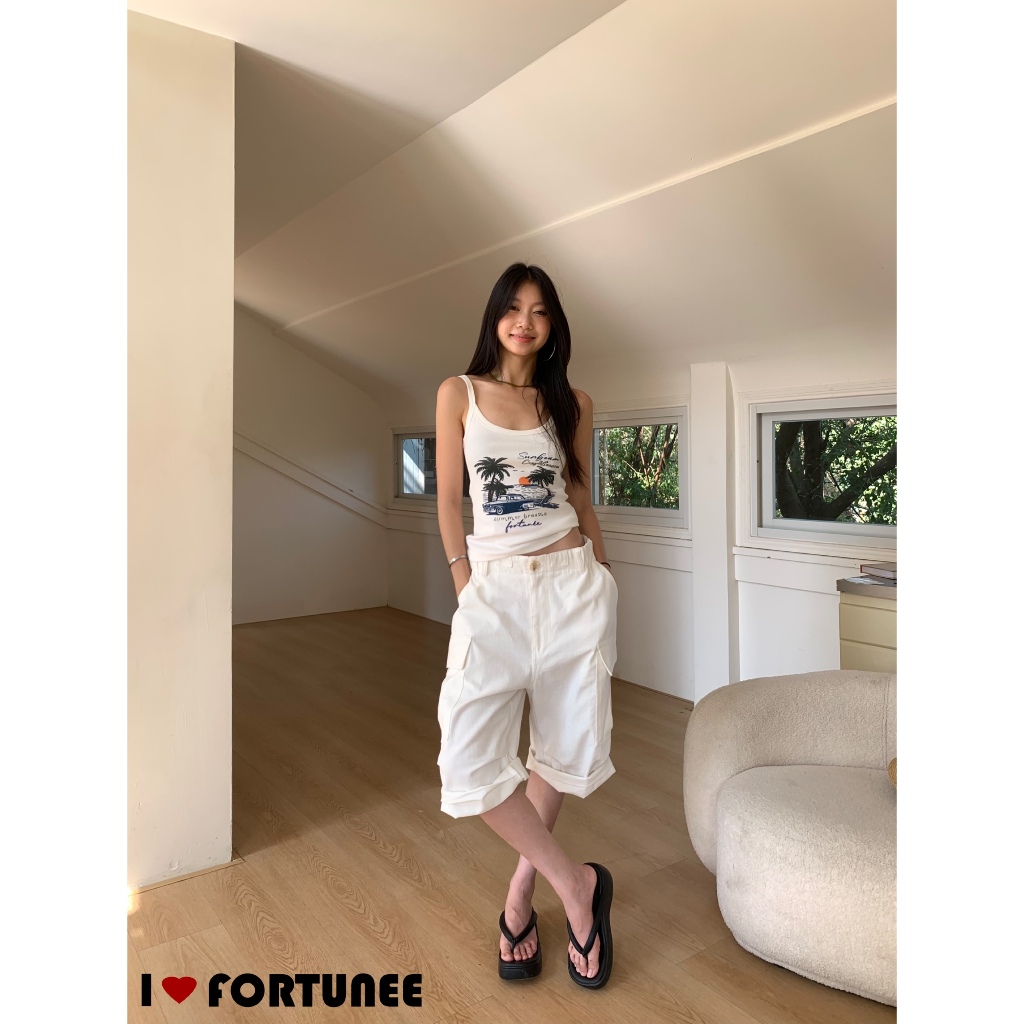 ❣Fortunee ❣ กางเกงขาสั้นห้าส่วนสีขาวทรงตรง สไตล์วินเทจแนวเวิร์กแวร์ ใส่สบาย แมทช์ง่าย