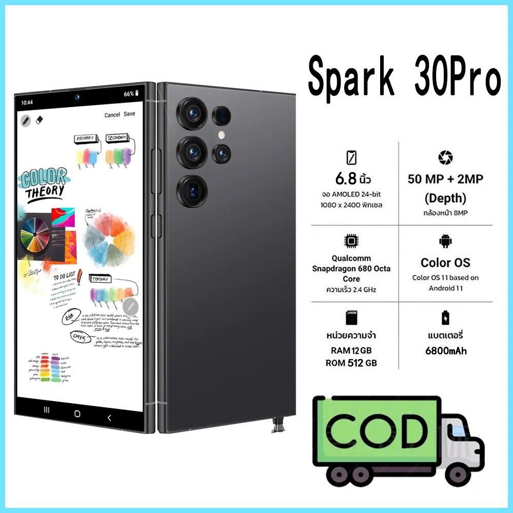 สมาร์ทโฟน Spark 30Pro 6.8 นิ้ว 12+512GB Android 5G มือถือราคาถูก รองรับ 2 ซิม รับประกัน 1 ปี COD