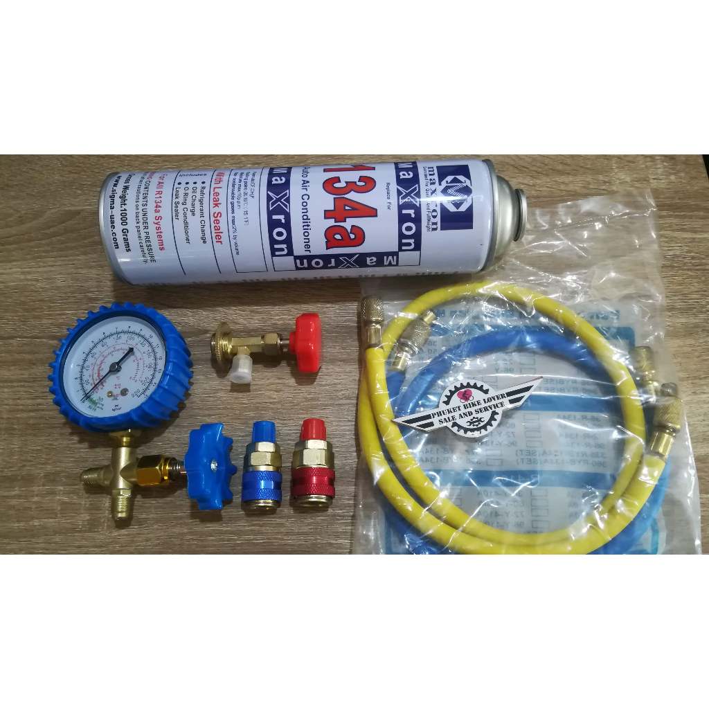 ชุดเติมน้ำยาแอร์รถยนต์ ครบชุดพร้อมเซอร์วิสแอร์รถยนต์ น้ำยา R134a เกจน้ำยา อะแด๊ปเตอร์วาล์วแอร์รถยนต์