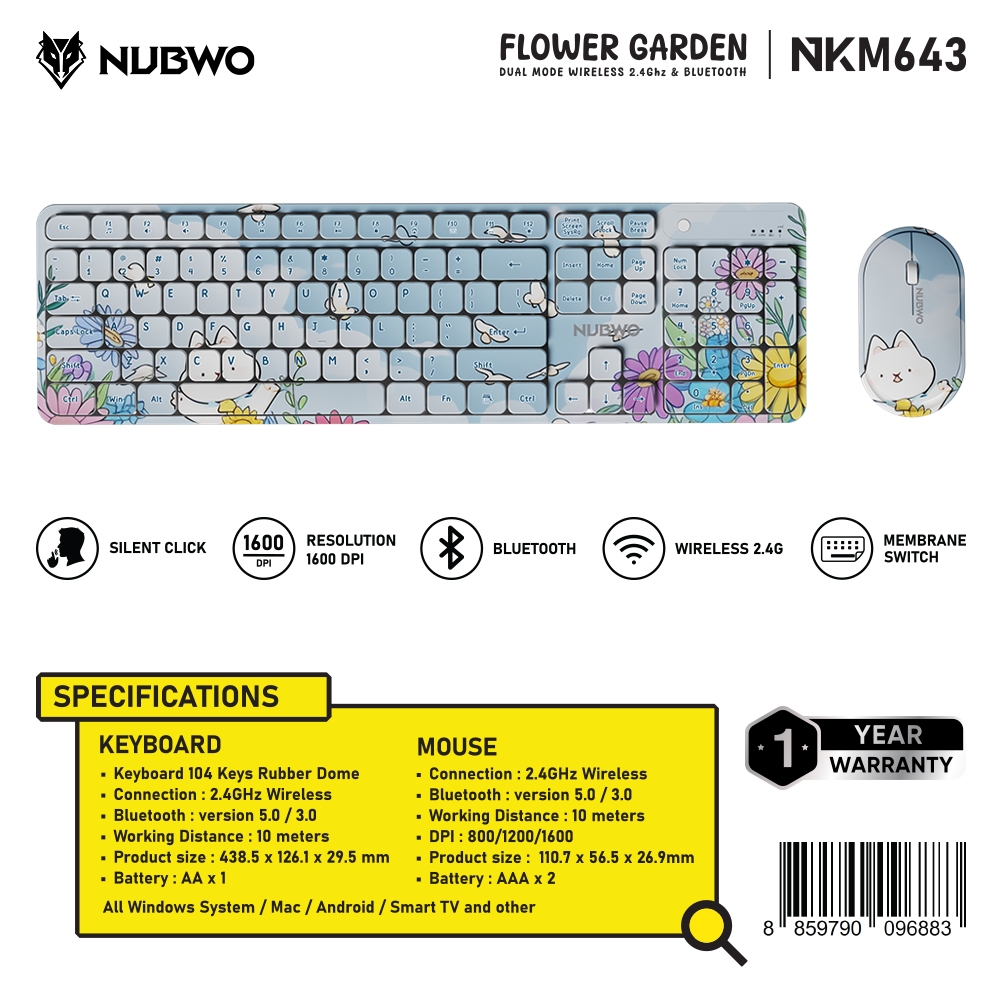 ชุดเมาส์คีย์บอร์ดไร้สาย Keyboard Mouse Nubwo NKM-643 Dual mode Wireless/Bluetooth RubberDome Switch 