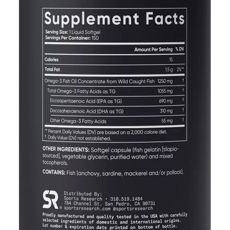 พร้อมส่ง Sports Research Triple Strength OMEGA3 1055mg(EPA 690mg + DHA 310mg) Fish Oil 1250mg 150 Softgels Exp: 01/2029 ราคา ถูกที่สุด ดีลบีเคเค แกลเลอรีภาพที่ 3