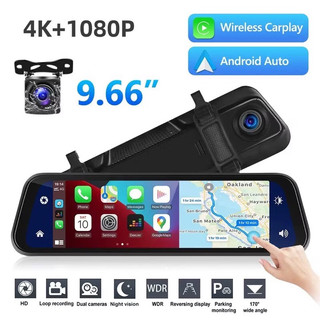 9.66นิ้วเต็มหน้าจอ Carplay เครื่องบันทึกการขับขี่กระจกมองหลังสตรีมมิ่ง 4kWIFI