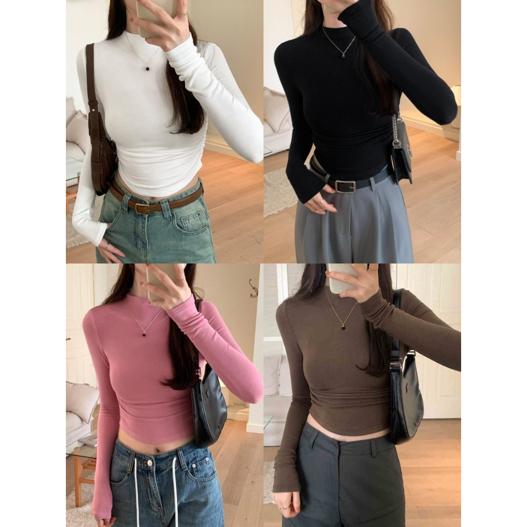 เสื้อยืดเเขนยาว ครอปผ้าคอตอน ผ้ายืดเยอะ โชว์หุ่น สาวอวบใส่ได้ สีพื้น #22307