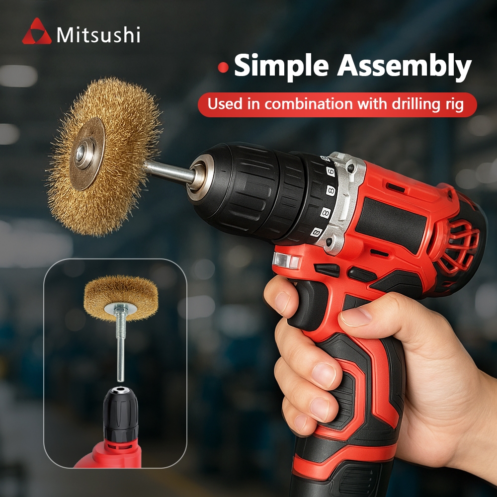 Mitsushi แปรงลวดกลมมีแกน แกน6มิล แปรงลวดกลมทองเหลืองมีแกน ขัดลวดเหล็กทองเหลือง แปรงลวดขัดสนิม