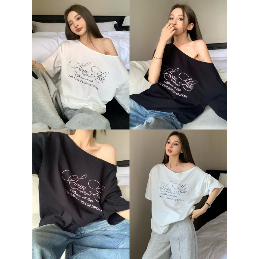 เสื้อคลุม เสื้อยืดบาง ทรงหลวม ปาดไหล่ ลายอักษร ทรงสวยมาก #22314