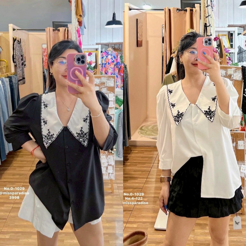 0-1029sn เสื้อแขนพองคอปกขาวปักฉลุ