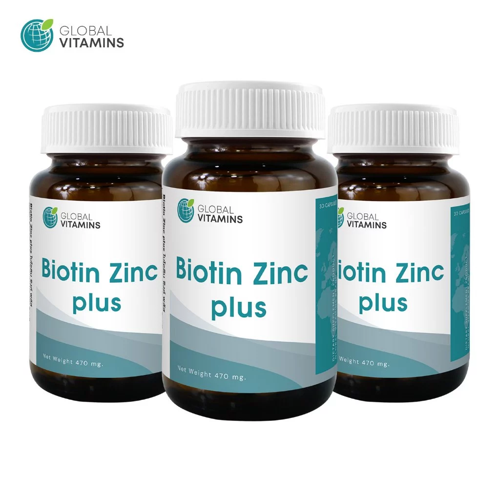 [แพ็ค 3 ขวด] ไบโอติน ซิงค์ โกลบอลวิตามิน Biotin Zinc Global Vitamins ไบโอตินซิงค์ หญ้าหางม้า ไบโอตินพลัสซิงค์