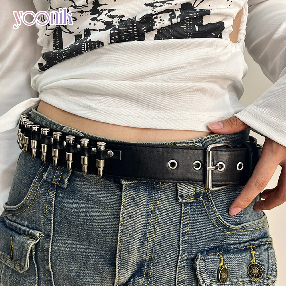 yoonik เข็มขัดลายกระสุน ขนาด สีดำ สไตล์พังก์ ฮิปฮอป  เหมาะสำหรับผู้หญิง 107cm.