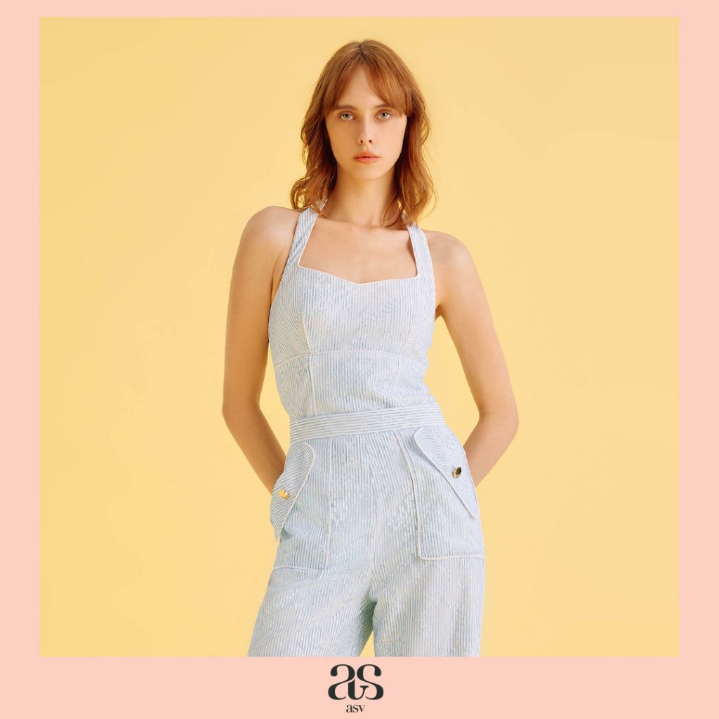 [asv ss25] Belinda Halterneck Top เสื้อผู้หญิง คล้องคอ มีฟองน้ำในตัว ซิปหลัง ผ้าลูกไม้ลายทาง