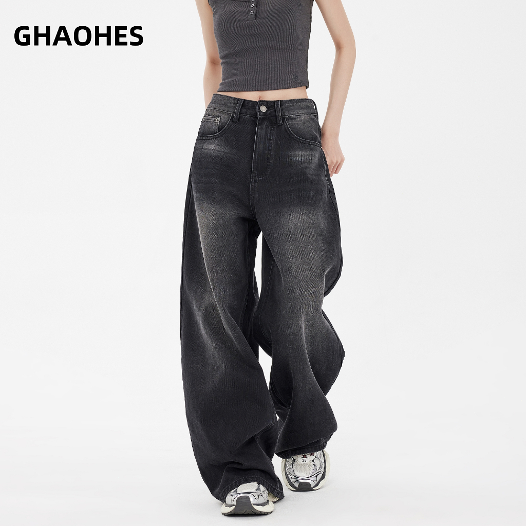 GHAOHES กางเกงยีนส์หญิงสีเทาดำวินเทจสไตล์อเมริกัน กางเกงกระบอกใหญ่เอวสูงดูผอม660