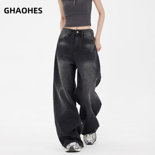 GHAOHES กางเกงยีนส์หญิงสีเทาดำวินเทจสไตล์อเมริกัน กางเกงกระบ…