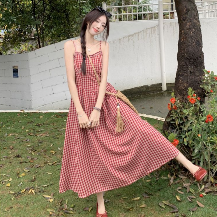 cherryshop พร้อมส่ง ชุดเดรสสายเดี่ยวลายสก็อตสีแดงแฟชั่นฤดูร้อนสำหรับผู้หญิง สไตล์เอไลน์ สไตล์ย้อนยุคฝรั่งเศส การลดอายุ - รูปที่ 4