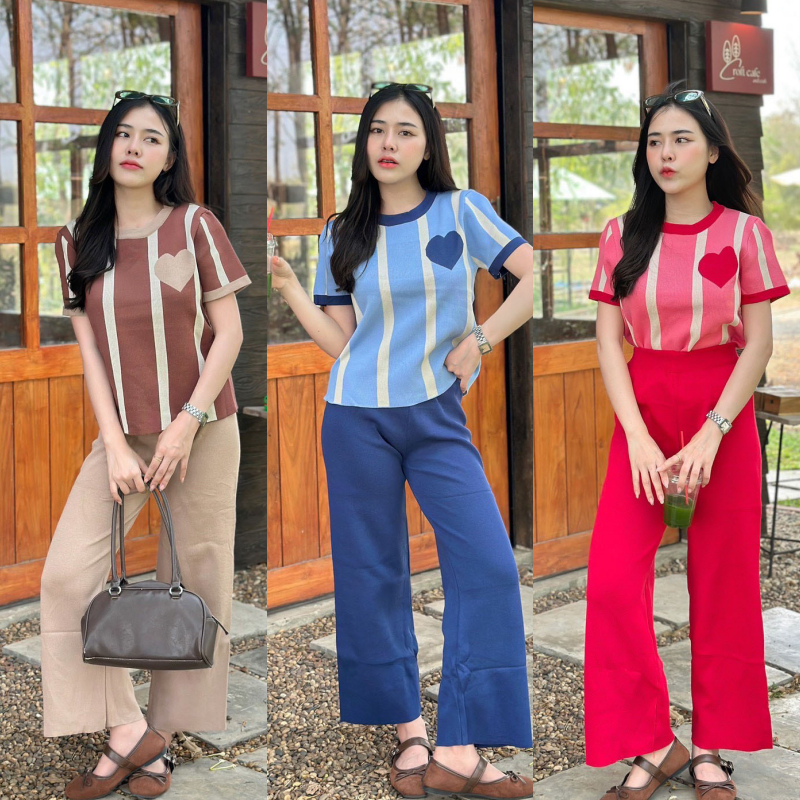 ชุดเซ็ต2ชิ้น งานชุดเซ็ต เสื้อคอกลมแขนสั้นทอลาย+กางเกงขายาว เนื้อผ้าไหมพรม รุ่น โปรโมชั่น
