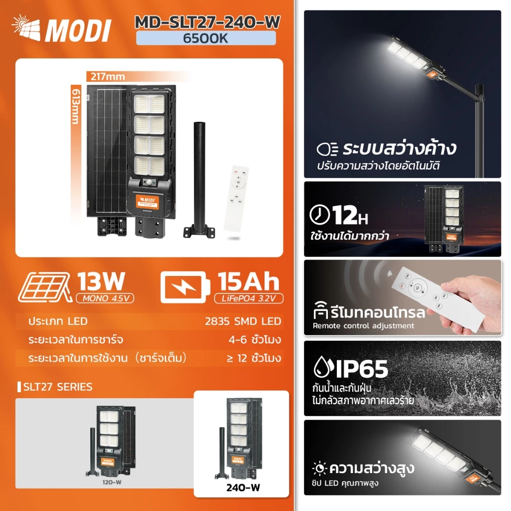 MODI ไฟถนนโซล่าเซลล์ 120W 240W 300W แสงขาว ระบบสว่างค้าง รีโมทคอนโทรล Solar street light กันน้ำIP65 thumbnail 3