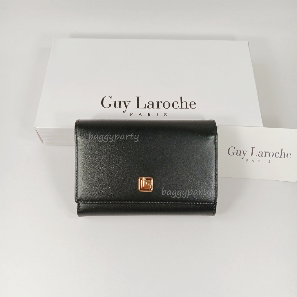 Guy Laroche แท้!! กระเป๋าสตางค์ผู้หญิง ใบกลางสามพับ สีดำ หนังเรียบ ผิวด้าน อะไหล่สีทอง