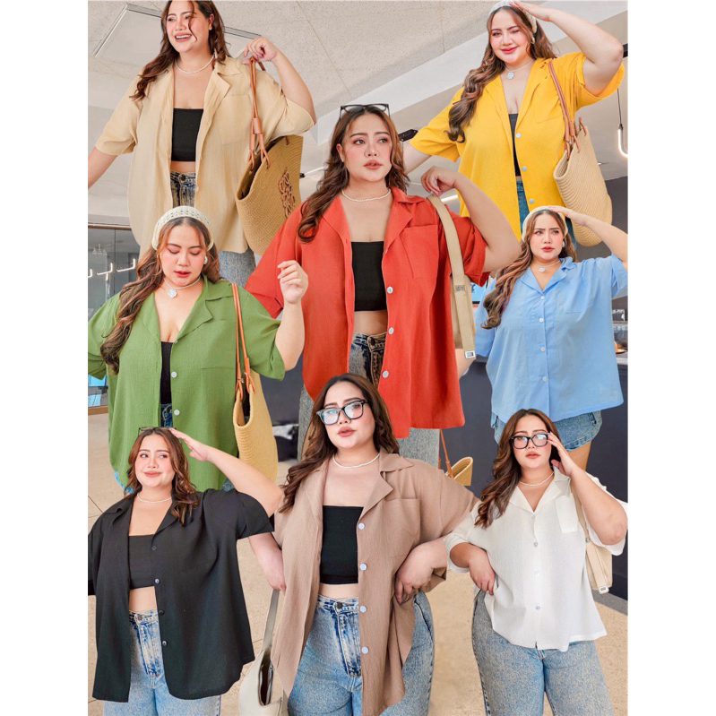 Linin hawaii top เสื้อเชิ้ตฮาวายไซส์ใหญ่สีพื้น ผ้าฝ้ายลินิน อก 40-56 นิ้ว