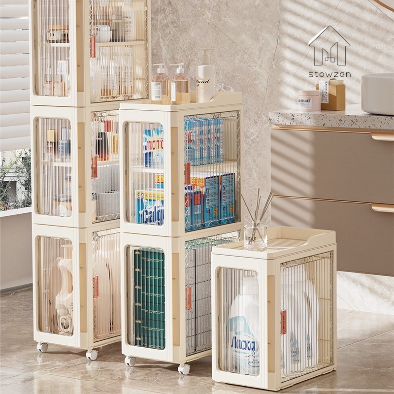 JIVARA ตู้เก็บของ มีล้อ ชั้นวางของในที่แคบ ตู้เก็บของแบบหลายชั้น ดีไซน์ 3 ประตู ชั้นวางของมีล้อ