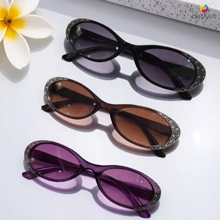 COD🌷แว่นตากันแดดกรอบวงรีประดับเพชรวินเทจสไตล์เกาหลีป้องกันรั…