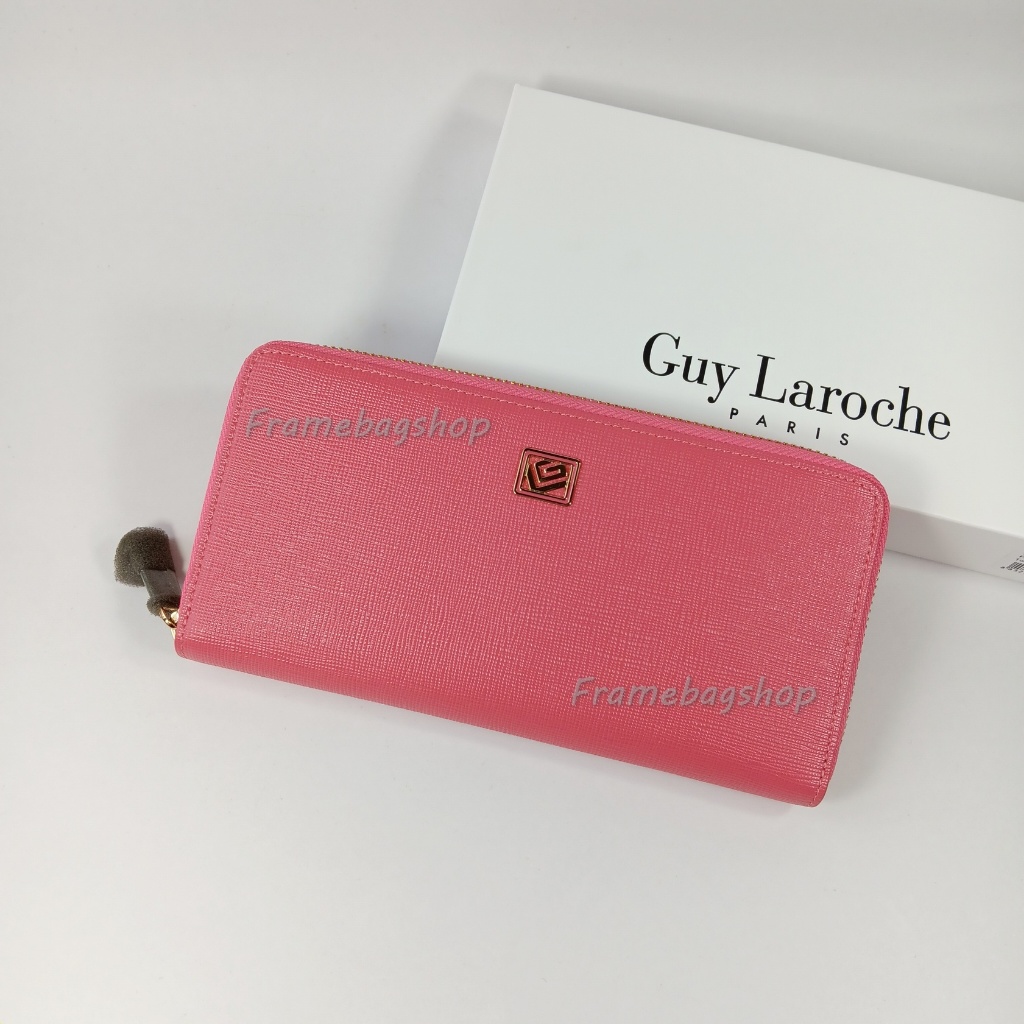 Guy Laroche กระเป๋าสตางค์ผู้หญิงใบยาว ซิปรอบ สีชมพู หนังลาย อะไหล่สีทอง