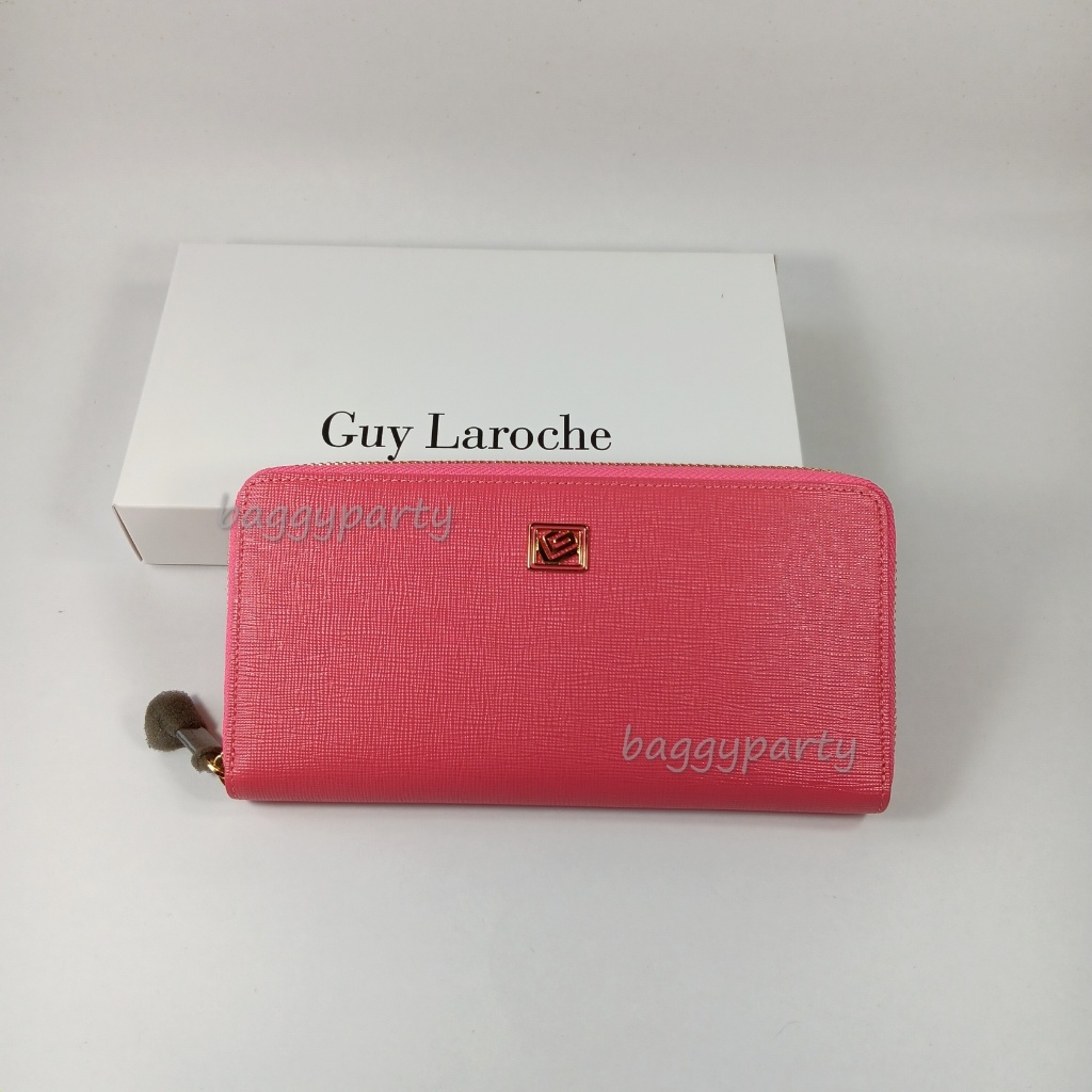 Guy Laroche แท้!! กระเป๋าสตางค์ผู้หญิงใบยาว ซิปรอบ สีชมพู หนังลาย อะไหล่สีทอง