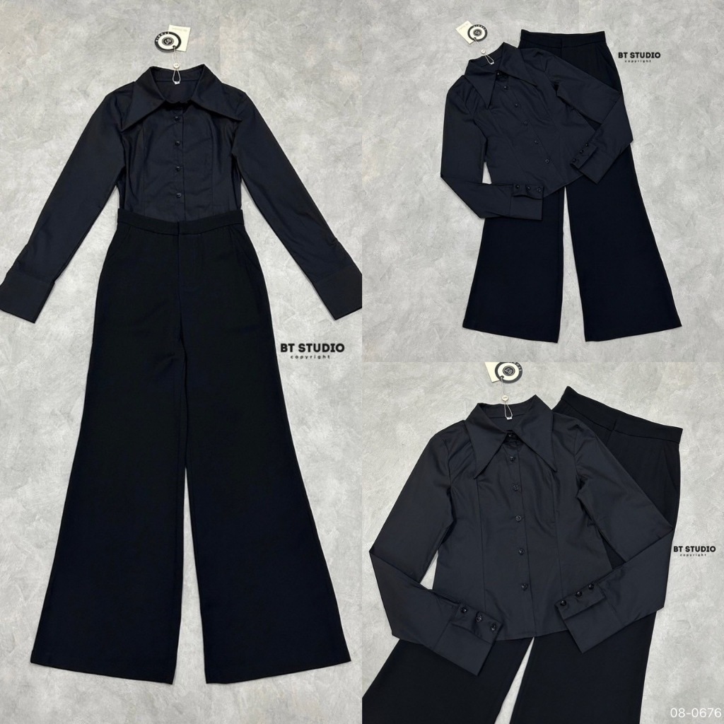 BT 08-0676 เซท 2 ชิ้น เสื้อเชิ้ตแขนยาวคอปกกระดุมหน้าปลายแขนแต่งกระดุมหรือปล่อยชายแขน แมทซ์กับกางเกงขายาวเอวสูง