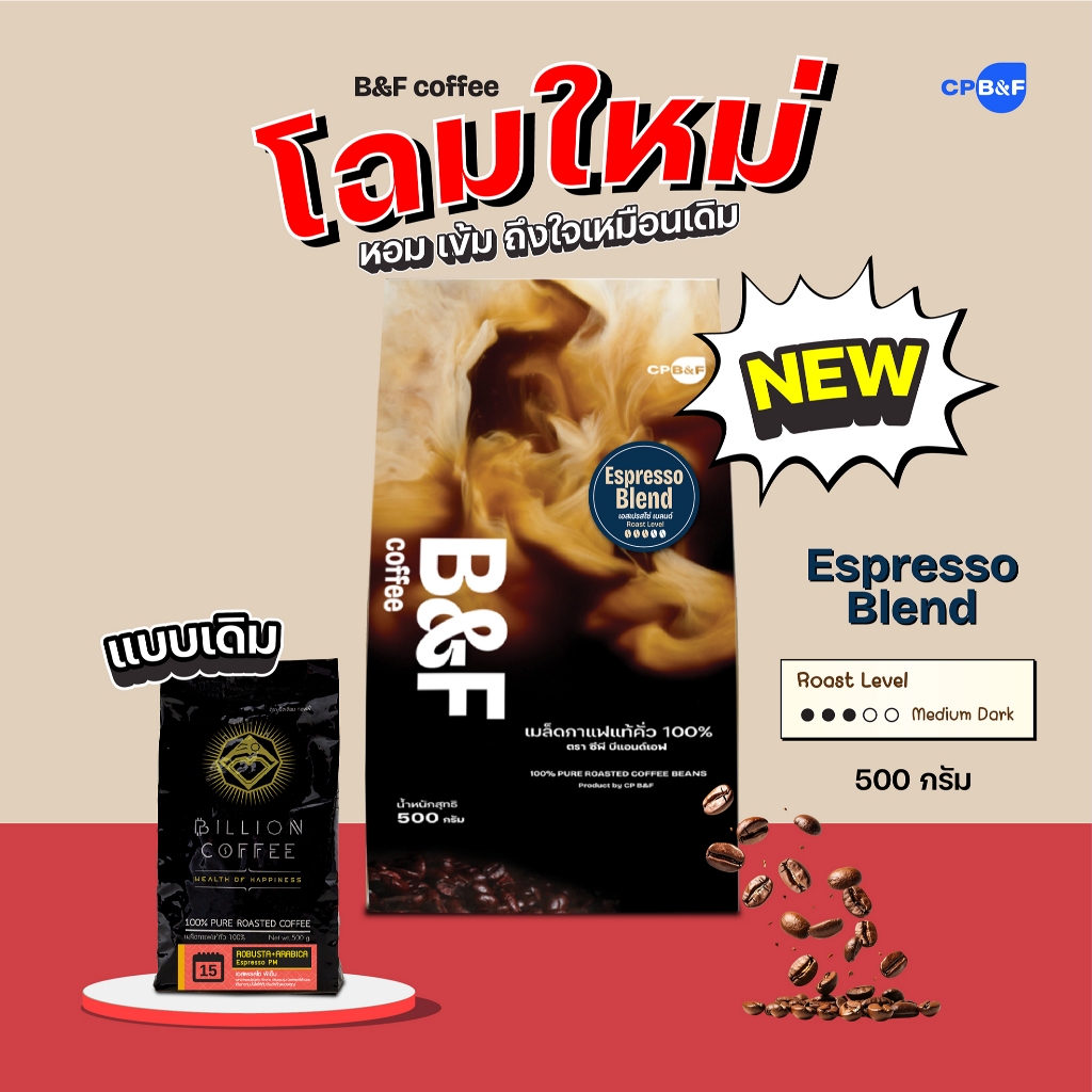 เอสเปรสโซ่ เบลนด์ เมล็ดกาแฟแท้คั่ว 100% (คั่วกลางค่อนเข้ม) ผสมอาราบิก้าและโรบัสต้า หอม นุ่ม กลมกล่อม