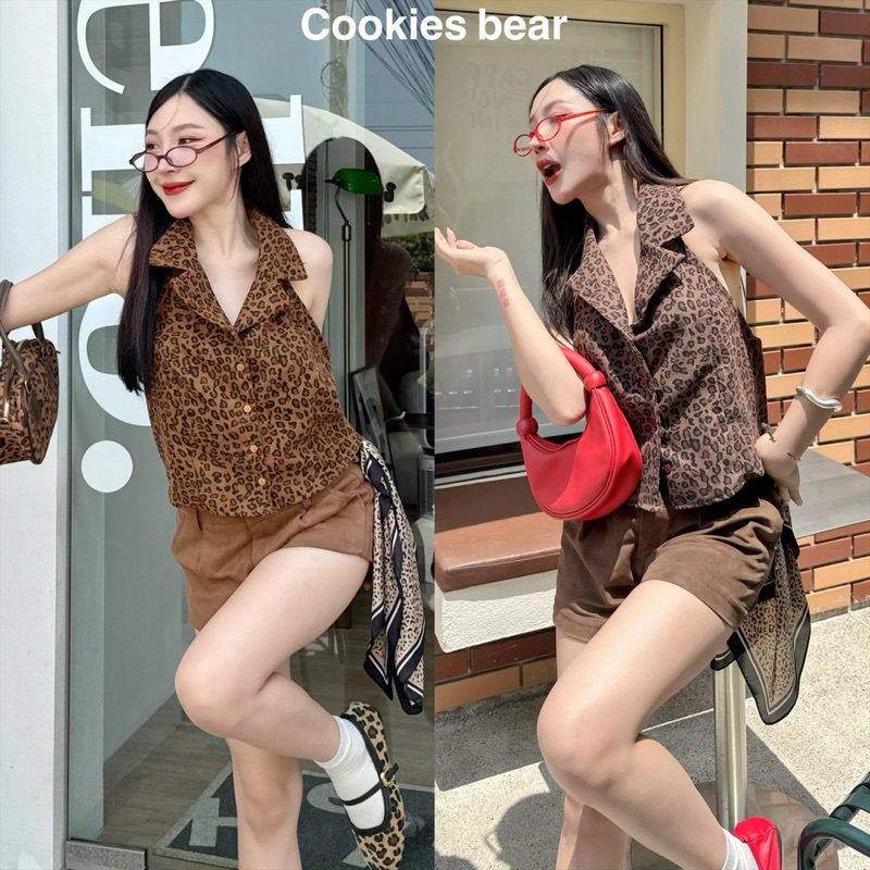 Cookies Bear🧸newเสื้อคล้องคอปกเชิ้ต ทรงแขนกุด ผ้ากำมะหยี่หนาลายเสือ