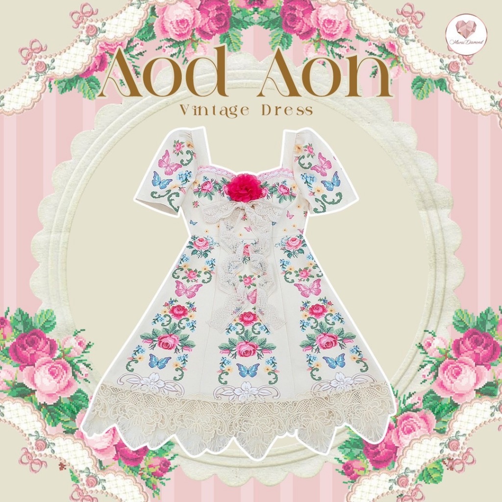 (มี3XL) Aod Aon Vintage Dress เดรสสั้นผ้าเปเป้พิมพ์ลายวินเทจ คอเหลี่ยม แขนสั้น ดีเทลดอกไม้ตรงอก มีซั